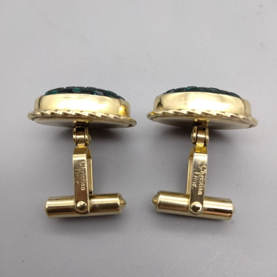 Christian Dior Cuff Links Bullet Style Green Checkered Acrylic Gold Tone VTG 80s - Image 2 of 4