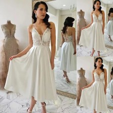 A Line Short Wedding Dresses V Neck Lace Applique  Tea Length Satin Bridal Gowns