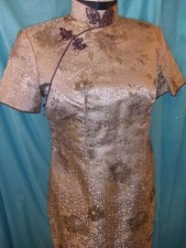 Vtg 50s 60s Brocade Asian Mandarin collar CHEONGSAM Silk VLV pin up Dress M rare