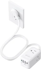 Travel Power Strip - Ultra Thin Flat Plug, Extension Cord, 3 Outlets, 4 USB Port