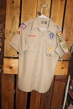 Boy Scouts Men's Adult Shirt Small Tan Vented Poly Microfiber Sewn on patches