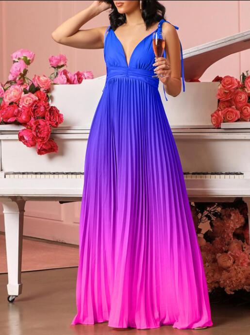 Women's 2024 Fashion Deep V Bowtie Gradient Pleated Long Beach