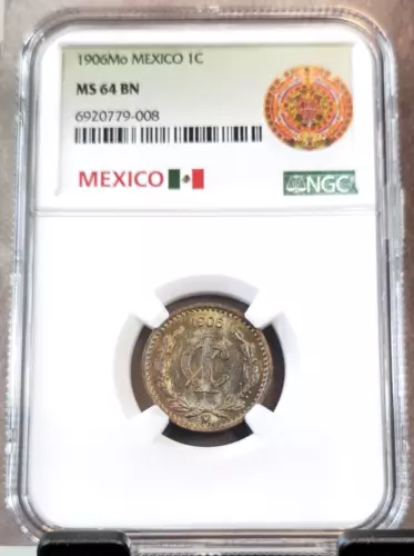 1906 MEXICO 1 CENTAVO 1C NGC MS 64 BN SCARCE BU BEAUTIFULLY TONED COLOR