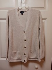Lands' End Drifter Cardigan Sweater 1X Light Tan V-Neck Pockets Cotton EUC