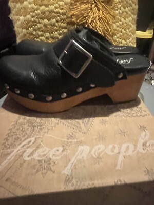 Free People Culver City Platform Wooden Black Clogs Studds  Size 37.5 EU New