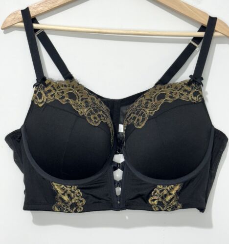 Cacique Metallic-Trim Longline Boost Balconette Bra 44C Black Gold Full Coverage