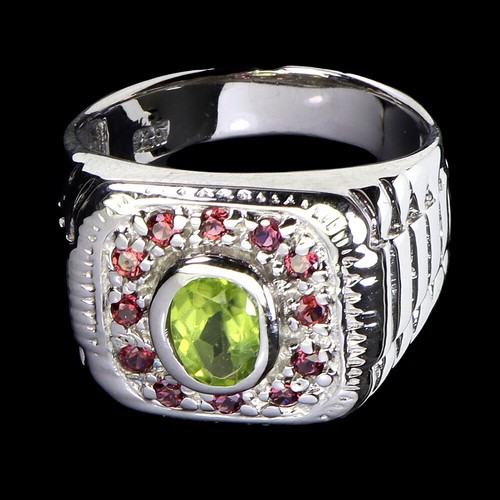 925 Sterling Silver Ring Oval Peridot 7x5mm Rhodolite Garnet Gemstone Jewelry 9 - Picture 3 of 9