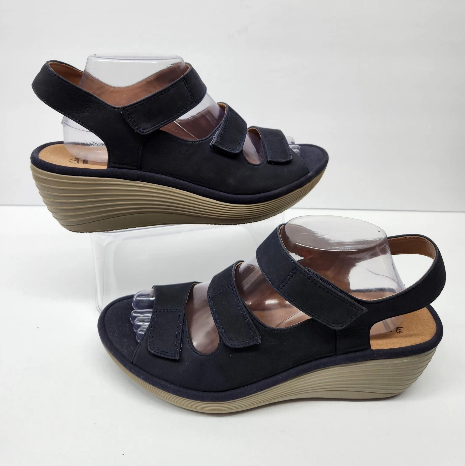Sandali CLARKS Reedly Juno donna taglia 10 M blu nabuk triplo cinturino comodi zeppa