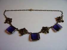 Antique Victorian Floral Purple Enamel  Purple Glass Stone Choker Necklace