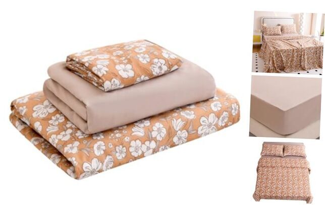 WFFFa 3PC Flower Printed Bed Sheets Set,Soft Breathable Fabric Twin Light Brown