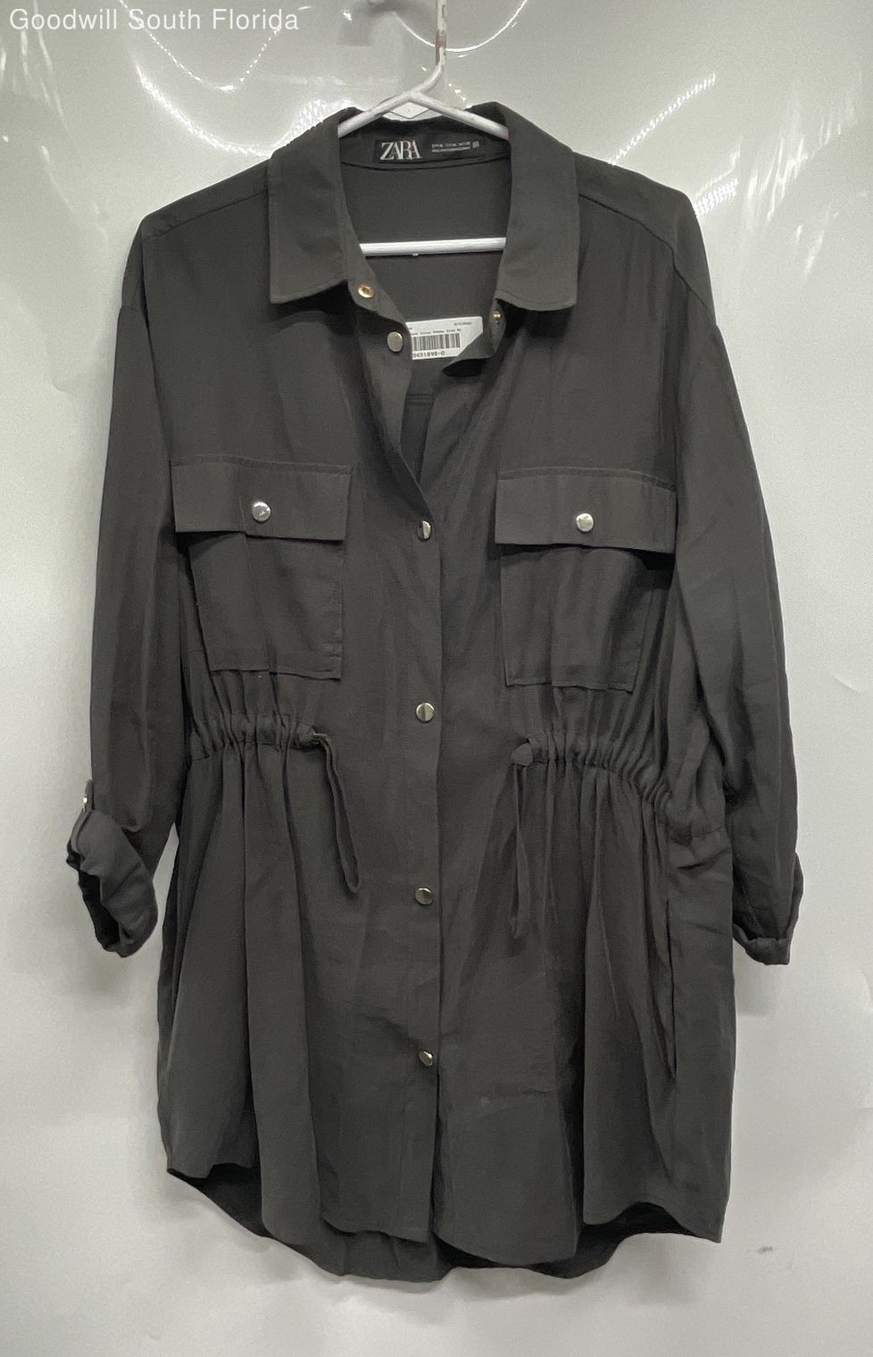 Zara Womens Dark Green Collared Roll Tab Sleeve Snap Front Shirt Dress Size XL