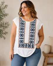 Lucky Brand Women s 1X White Embroidered Boho Blouse Navy Rust Short Sleeve Top