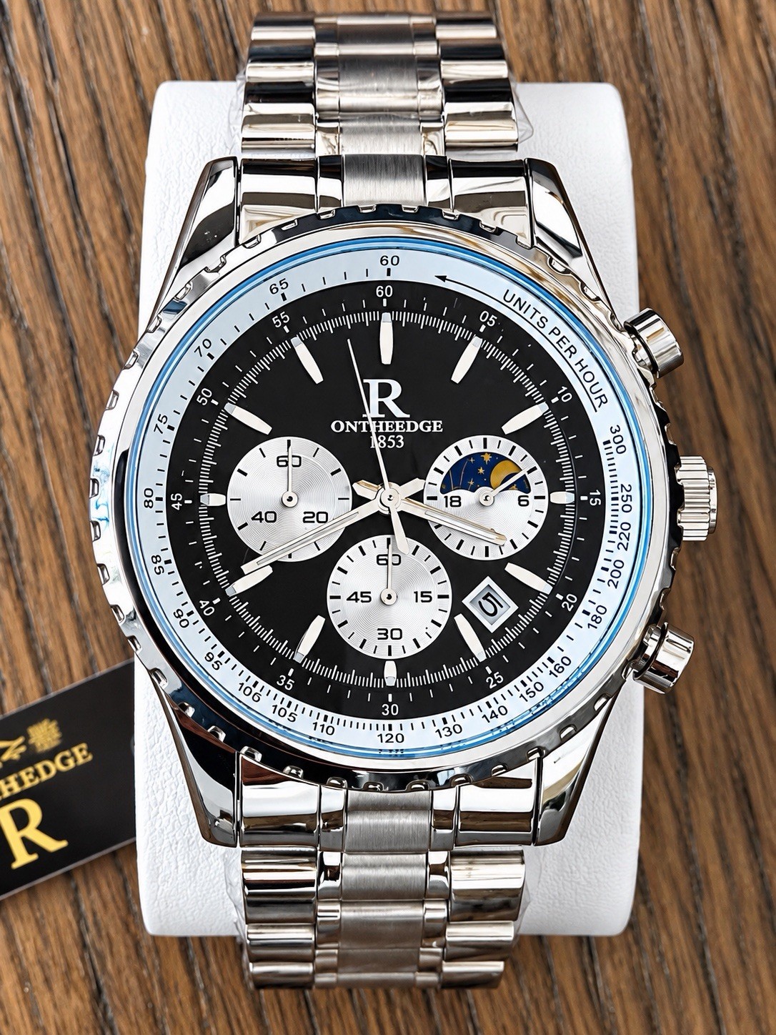ONTHEEDGE 1853 Men’s 45mm Chronograph Moon Phase Stainless Steel Watch New
