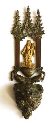 Religious Antique Neo-Gothic Bronze Holy Water Font Wall-Mounted Madonna & Child