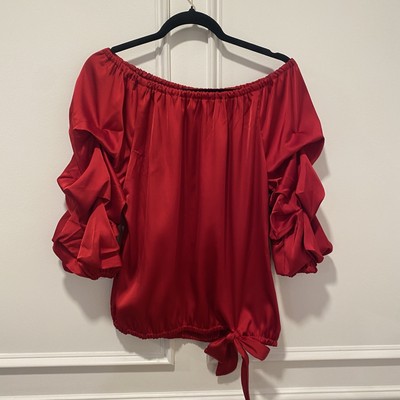 Vince Camuto Women's Top Size M Red Off Shoulder Ruched Sleeve Tie Front NWT