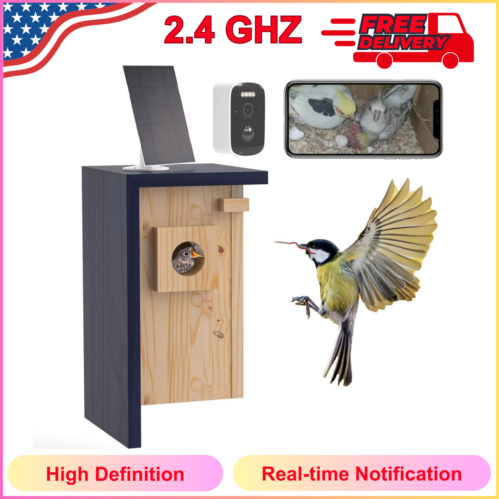 Solar Powered 1080P/2K HD Smart Nest Box 2.4G WiFi Live View