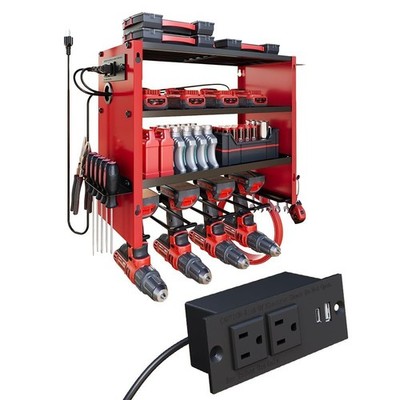 4-Tier Power Tool Organizer, Built-in 2-Outlet Charging Station for Small Gar...