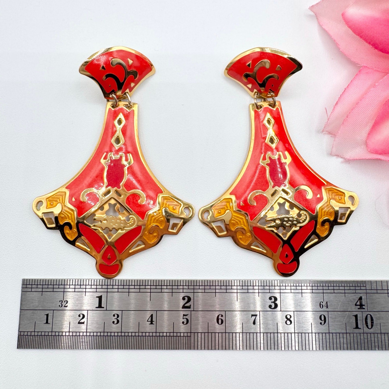 Vintage Edgar Berebi Red Enamel Earrings Big Statement Lantern Gold Tone Ornate