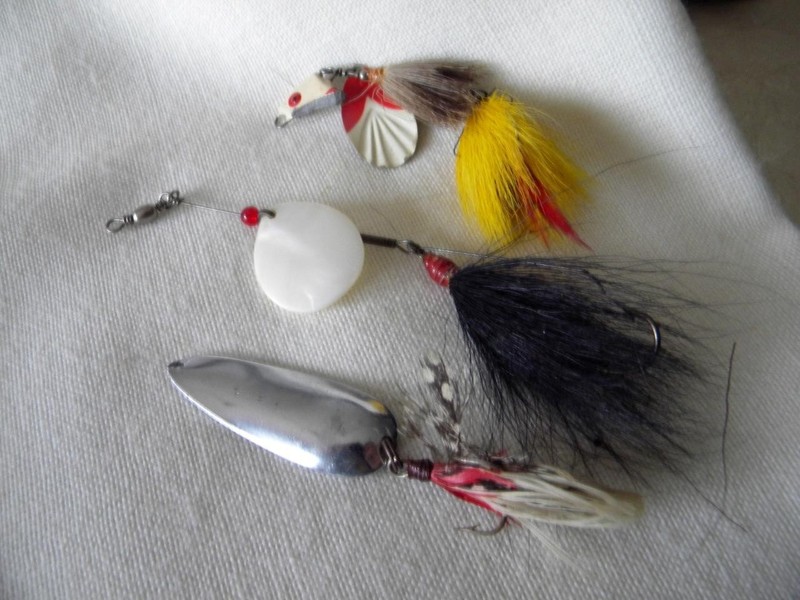 3 Feathered Fishing Lures 2 with Spinners 1 a Spoon From My Tackle Box (I'm 91)