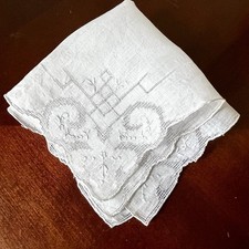 White Linen Madeira Floral Embroidery Drawn Work Wedding Hankie 12x12  