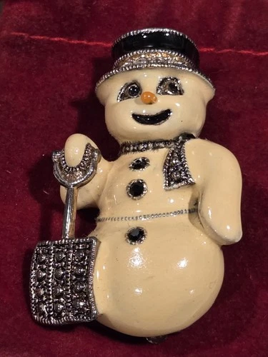 Vintage Eisenberg Ice Signed Snowman Enamel & Rhinestone Silver Tone Pin Brooch