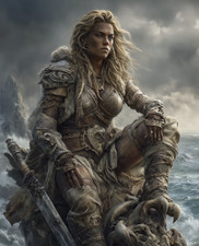 8x10 Viking warrior woman seated on rocky coast sword - 134939003