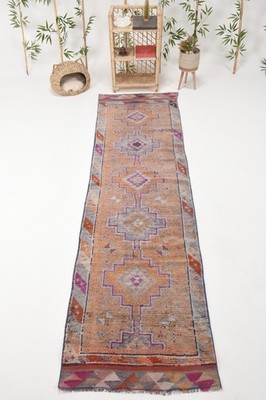Vintage Turkish Runner Rug 2,7x9,9 ft, Orange Purple Floral Rug