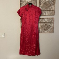 Vintage Cathay 100% Chinese Cheongsam Qipao Dress Red Bamboo Floral Sz 10 B32
