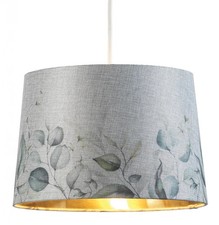 Lampshade Grey 14" Leaves Satin Brass Inner Faux Hessian Tapered Drum 350mm Oaks