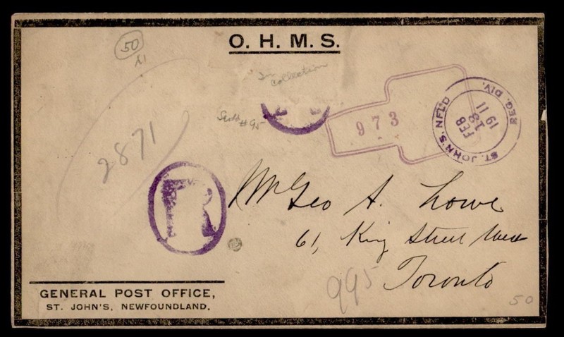 DR WHO 1911 NEWFOUNDLAND OHMS MOURNING COVER REGISTERED TO CANADA R82001