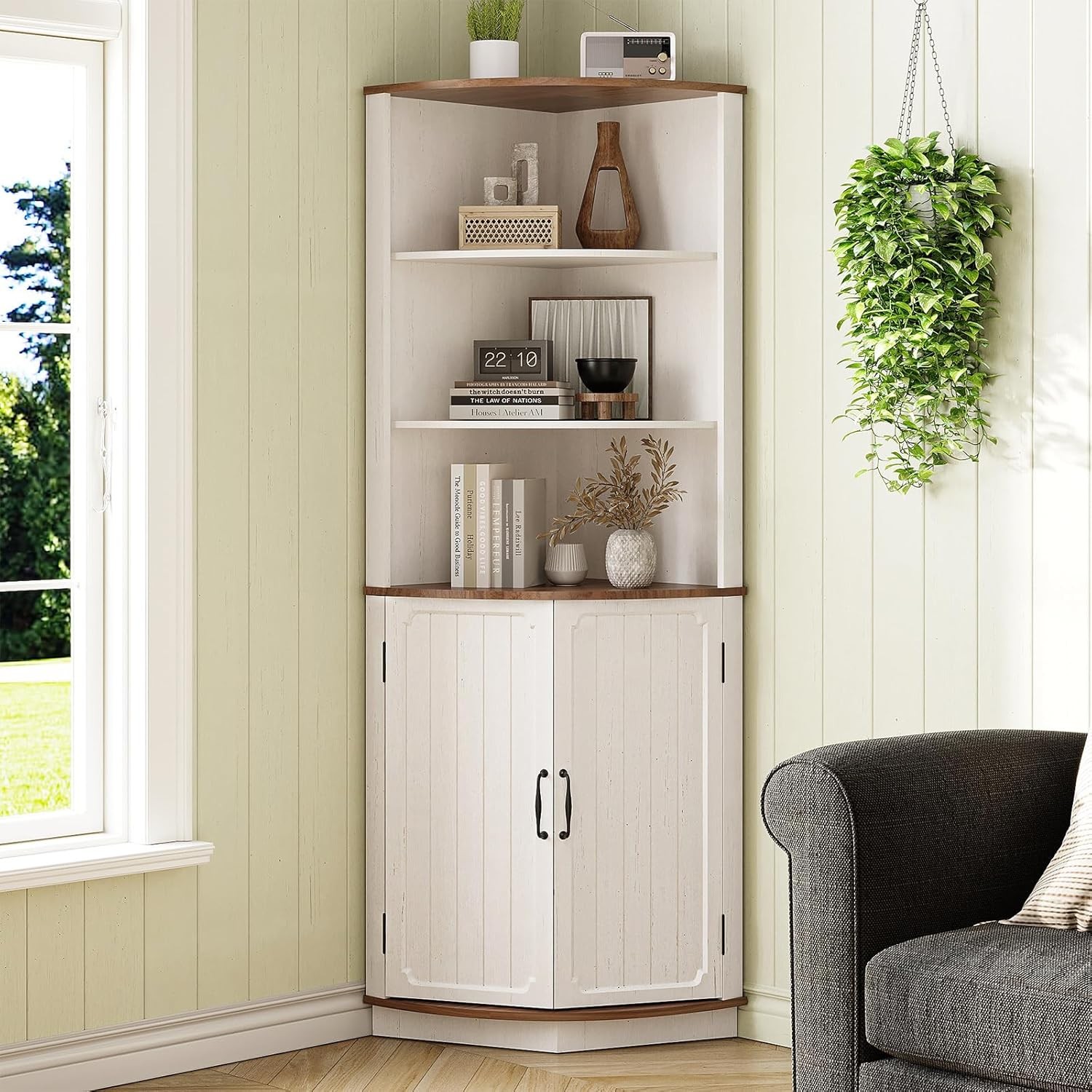 Farmhouse Corner Cabinet with Adjustable Shelves Freestanding Storage