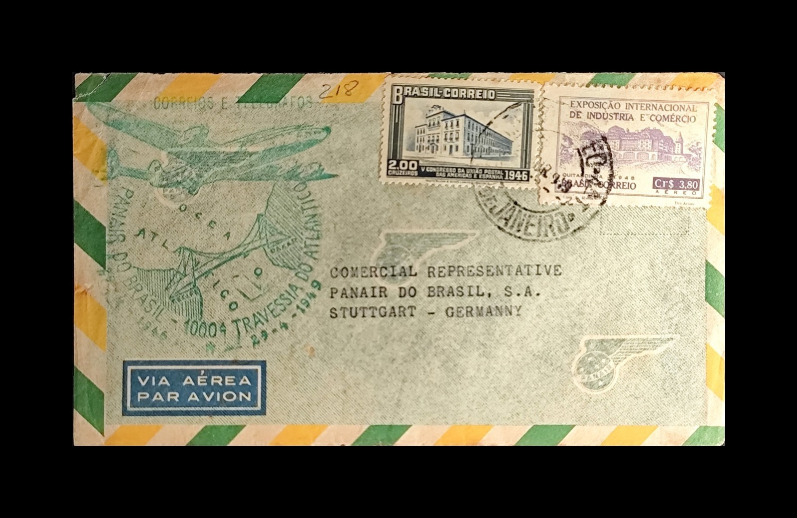 Cover Brazil to Stuttgart Flúghafen Germany 1949 PANAIR  Atlantic AIR MAIL
