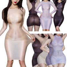US Womens Sexy Glossy Lingerie Dress See Through Nightwear Bodycon Mini Dress