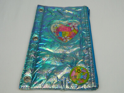 Lisa Frank 3-Ring Pencil Case Pouch Girl Power! Heart Iridescent Blue Green 