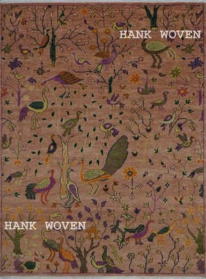 Jungle Life Peacock on Tree Rug Handmade 8x10 ft Peach Rug | Customizable Carpet