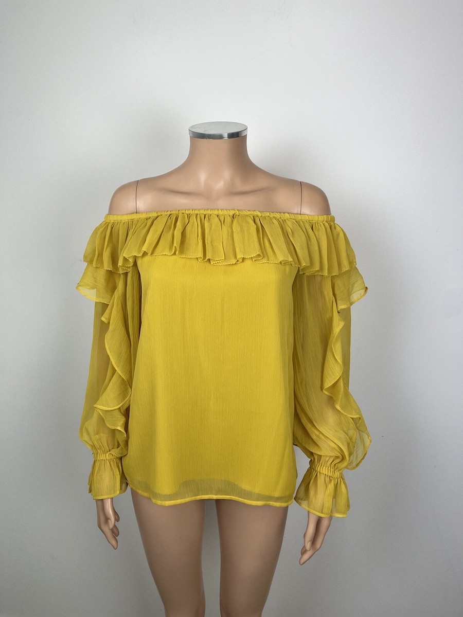 River Island Mustard Yellow Chiffon Frill Bardot Long Sleeve Top
