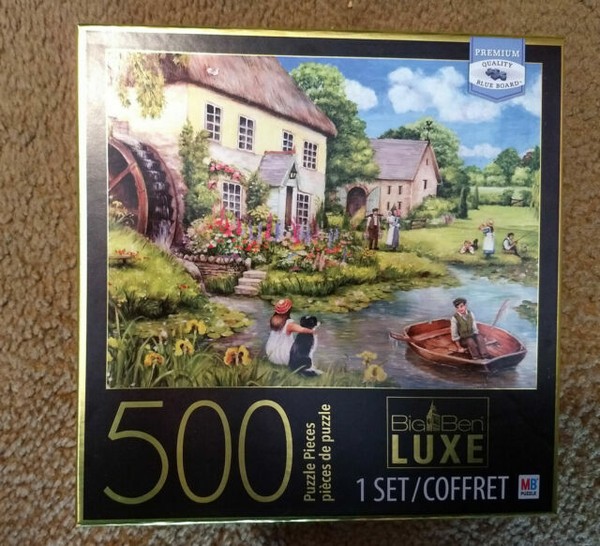 Fish In The Past Daily Themed Crossword MB Big Ben Luxe Mill Cottage 500 Piece Puzzle Boat Dog Watermill