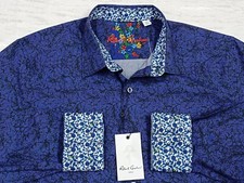 Robert Graham Camo printed cuffs Mens cotton Navy stretch Shirt XL NEW 198