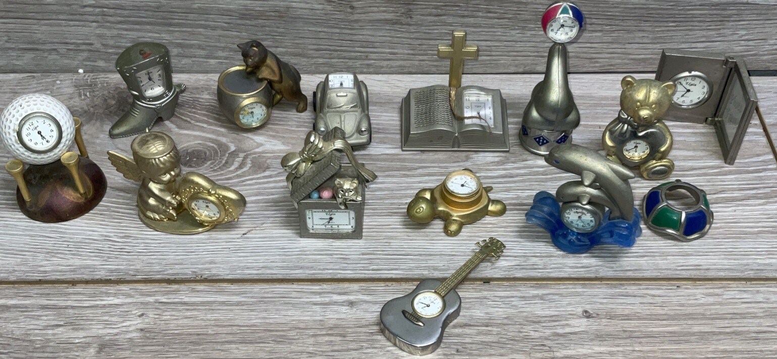Vintage '90s Elgin Mini Clock Figurine Lot GOLF GUITAR CAT TURTLE BEAR DOLPHIN