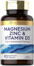 Magnesium Zinc with Vitamin D3 | 90 Vegetarian Capsules | 3-in-1 | by Carlyle
