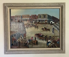 20th C ORIG OUTSIDER NAIVE FOLK ART PAINTING WESTERN TOWN SCENE 37 x 31" SIGNED