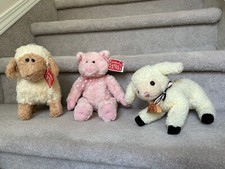 3 Vintage Gund Stuffed Plush: Ewegene Lamb, Hampton Pig, Woolie Lamb w/ Bell MWT