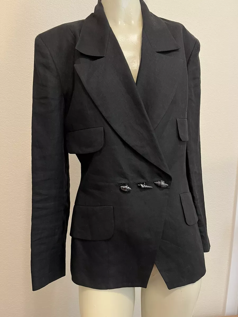 MYRENE de REMONVILLE PARIS Black Linen Blazer Metal Shell Buttons, Sz: 38