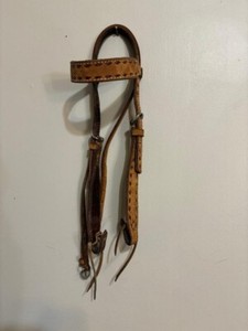 Decorative Leather Headstall with tie strings, no rivets, has a throat latch