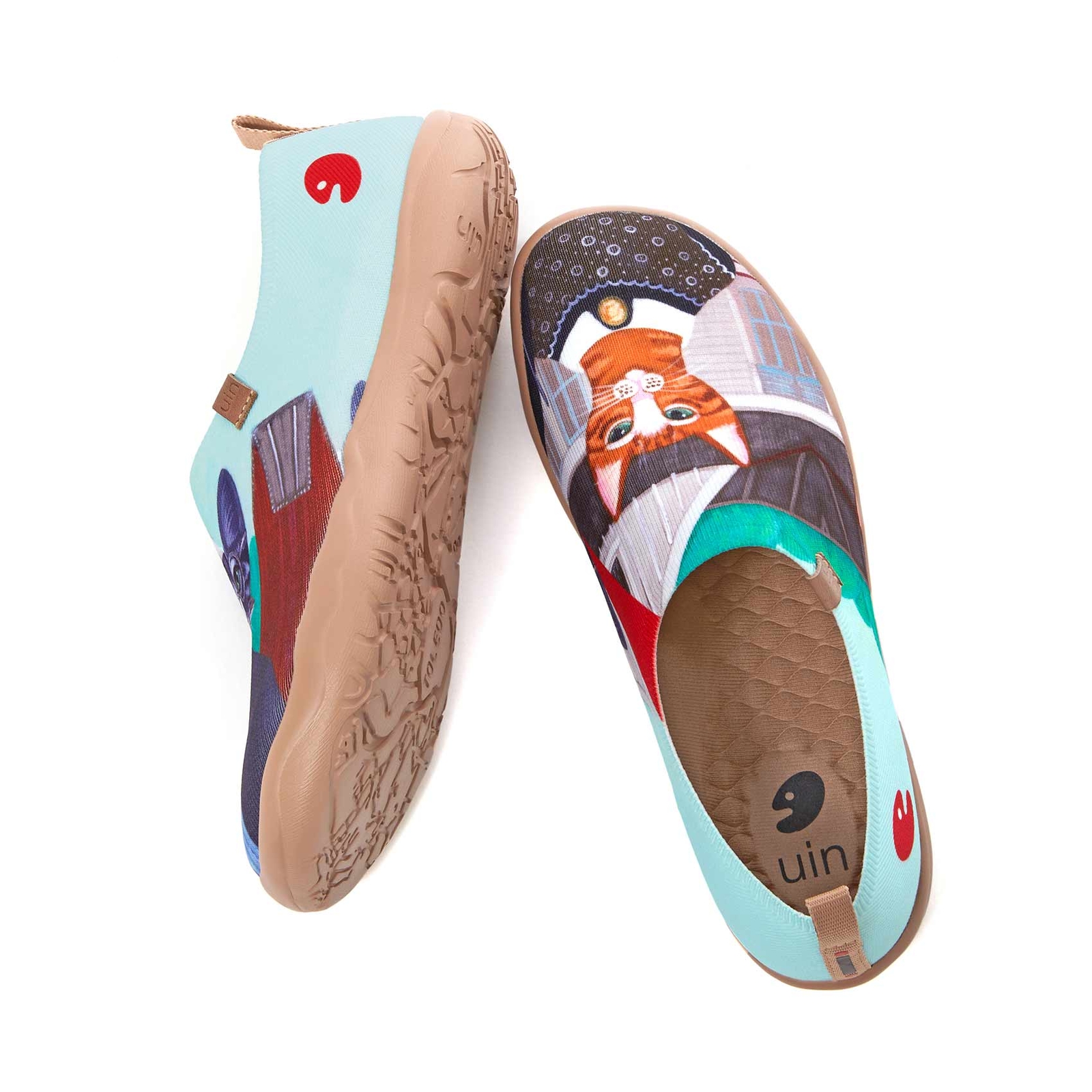 UIN Women's Slip-On Canvas Shoes – Multicolor Cat Theme, Comfortable Loafers, NWB