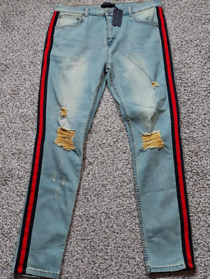 Serenede Men's 40x32 Light Wash Distressed Slim Straight Leg Jeans