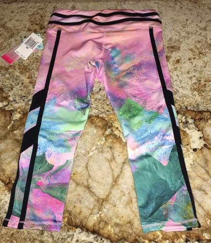 PINK LOTUS Toning Printed Fitness Running Pink Black Capri Crop Pants Womens XS - Picture 2 of 4