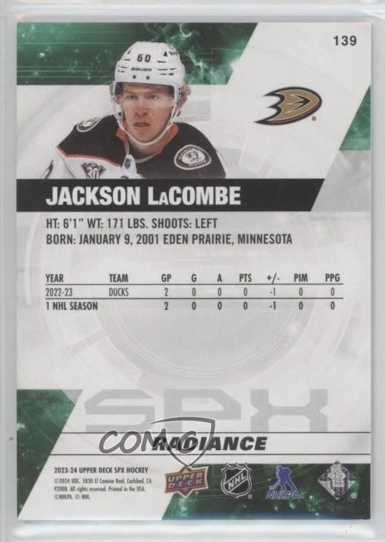 2023-24 SPx Rookies Radiance /100 Jackson LaCombe #139 Rookie RC - Image 2 of 2
