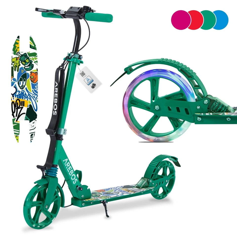 AREBOS Trottinette Pliable LED 200 mm Frein Disque Suspension Adulte Enfant Vert - Photo 1/4