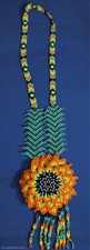 Handmade Mexican Huichol Beaded Sunflower Statement Necklace Teal Orange 3D